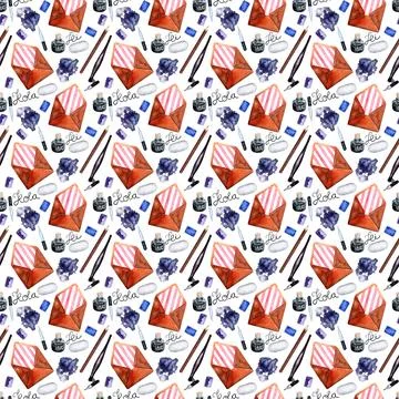 Watercolor seamless pattern with various objects of calligraphy Stock Illustration