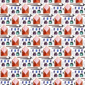 Watercolor seamless pattern with various objects of calligraphy Stock Illustration