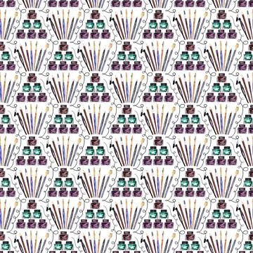 Watercolor seamless pattern with various objects of calligraphy Stock Illustration