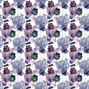 Watercolor seamless pattern with various objects of calligraphy Illustrazione stock