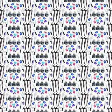 Watercolor seamless pattern with various objects of calligraphy Stock Illustration