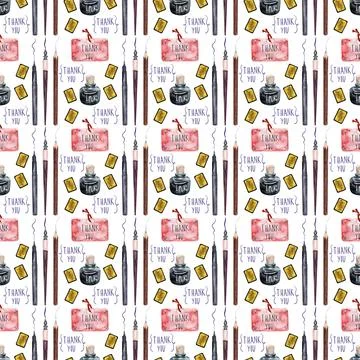 Watercolor seamless pattern with various objects of calligraphy イラスト素材