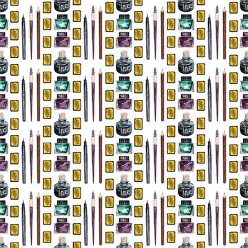 Watercolor seamless pattern with various objects of calligraphy 스톡 일러스트