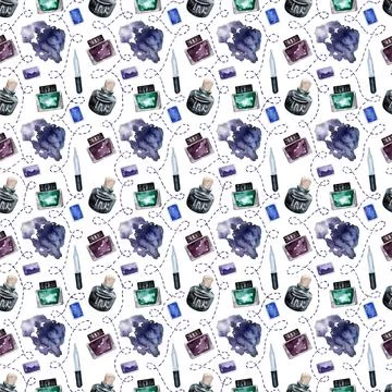 Watercolor seamless pattern with various objects of calligraphy Stock Illustration