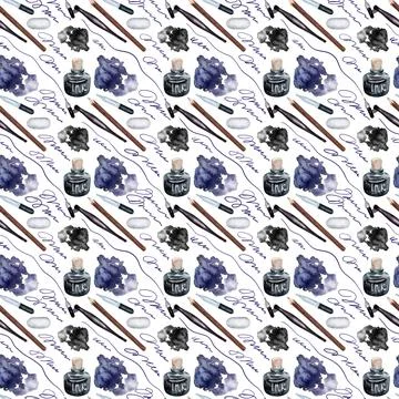 Watercolor seamless pattern with various objects of calligraphy Stock Illustration