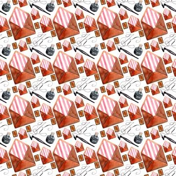 Watercolor seamless pattern with various objects of calligraphy Stock Illustration