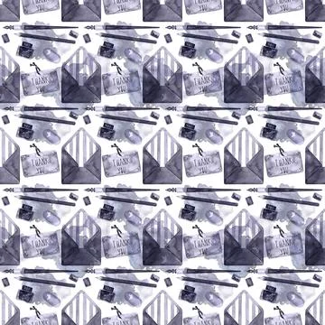 Watercolor seamless pattern with various objects of calligraphy Stock Illustration