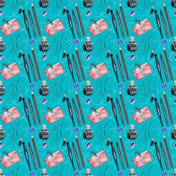 Watercolor seamless pattern with various objects of calligraphy Stock Illustration