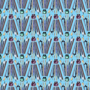 Watercolor seamless pattern with various objects of calligraphy イラスト素材