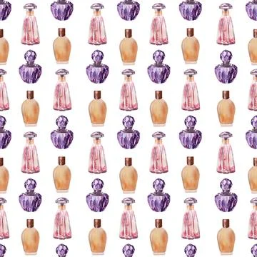 Watercolor seamless pattern with various perfume bottles and cosmetics Stock-Illustration