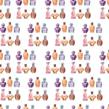 Watercolor seamless pattern with various perfume bottles Stock-Illustration