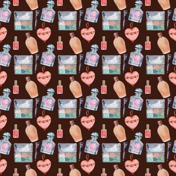 Watercolor seamless pattern with various perfume bottles Stock-Illustration