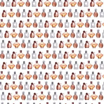 Watercolor seamless pattern with various perfume bottles Stock-Illustration