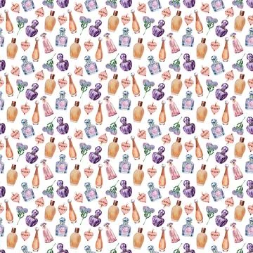 Watercolor seamless pattern with various perfume bottles Stock-Illustration