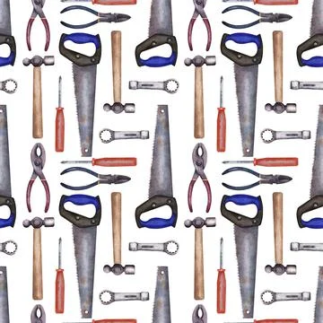 Watercolor seamless pattern with various repair tools Illustrazione stock