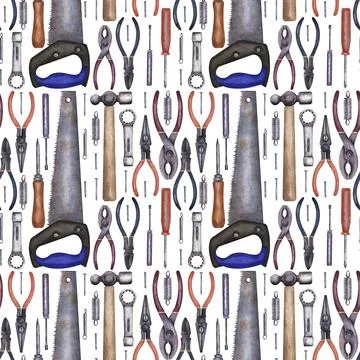 Watercolor seamless pattern with various repair tools Illustrazione stock