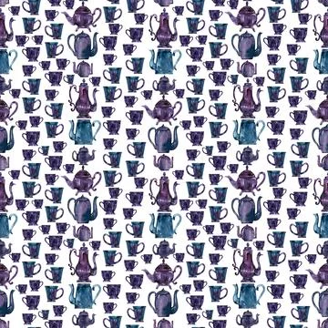 Watercolor seamless pattern with various stylized teapots and cups Stock Illustration