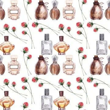 Watercolor seamless pattern with various vials and aromatic plants Stock Illustration