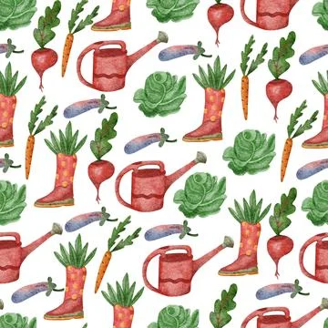 Watercolor seamless pattern with vegetables, rubber boot and watering cans. 스톡 일러스트