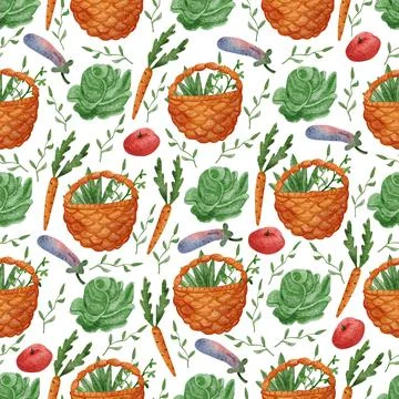 Watercolor seamless pattern with whicker basket and harvest of vegetables. Stock Illustration