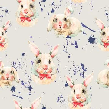 Watercolor seamless pattern with white rabbit Stock Illustration