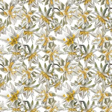 Watercolor seamless pattern. White terry tulips with yellow petals. Flowers 스톡 일러스트