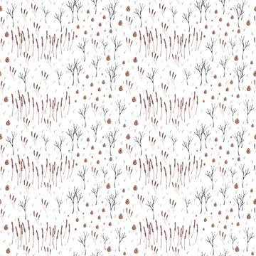 Watercolor seamless pattern with wild forest animals, trees and autumn plants Illustrazione stock