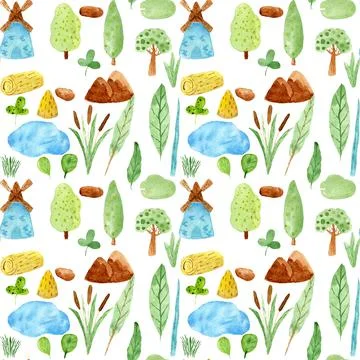 Watercolor seamless pattern of Windmill. Summer rural background. Endless rep Stock Illustration