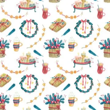 Watercolor seamless pattern with Xmas decorations on white. Stock Illustration