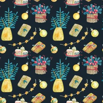 Watercolor seamless pattern with Xmas decorations Stock Illustration