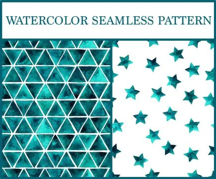 Watercolor seamless patterns set with emerald triangles and stars. Illustrazione stock