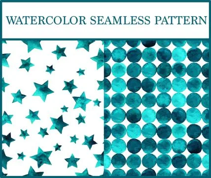 Watercolor seamless patterns set with emerald circles and stars. Stock Illustration