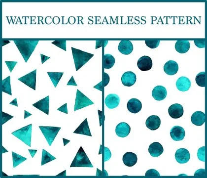 Watercolor seamless patterns set with emerald triangles and circles Stock Illustration