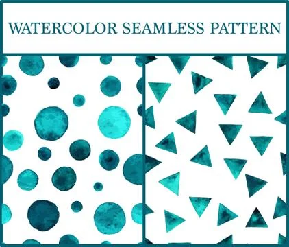 Watercolor seamless patterns set with emerald triangles and circles. Stock Illustration