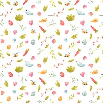 Watercolor seamless spring pattern with bee, flower, branches, carrot, birds, Stock Illustration
