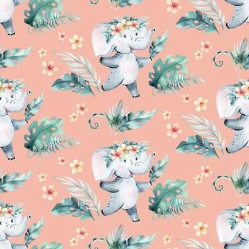 Watercolor seamless tropical pattern with dancing elephant and crocodile african Stock Illustration