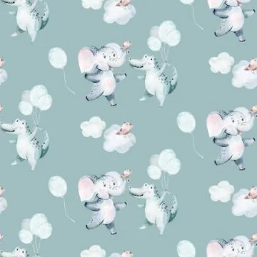 Watercolor seamless tropical pattern with dancing elephant and crocodile african Stock Illustration