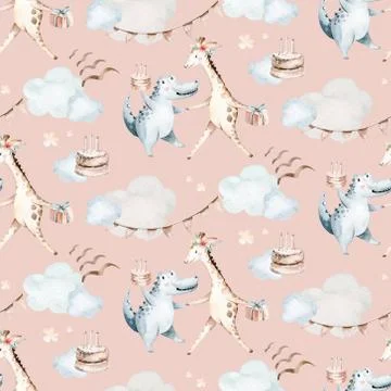 Watercolor seamless tropical pattern with dancing giraffe and crocodile african Illustrazione stock
