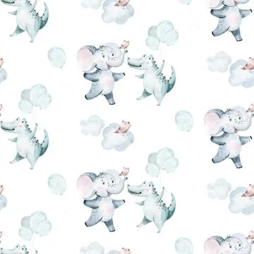 Watercolor seamless tropical pattern with dancing elephant and crocodile african Stock Illustration