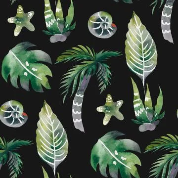 Watercolor Seamless Tropical Pattern Pattern with leaves. Background Stock Illustration