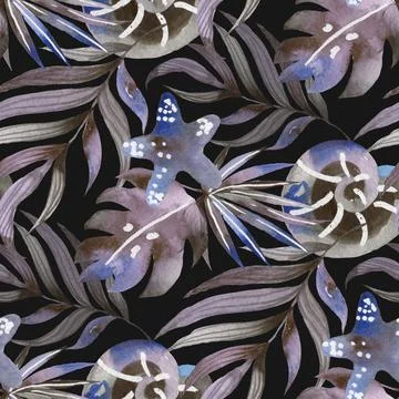 Watercolor Seamless Tropical Pattern Pattern with leaves. Background Stock Illustration