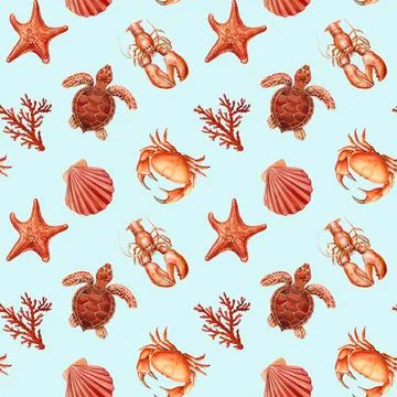 Watercolor seashell seamless pattern. Underwater creatures, crab, starfish, sea Illustrazione stock
