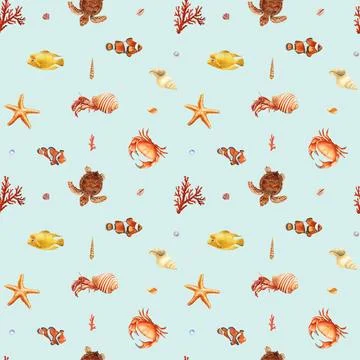 Watercolor seashell seamless pattern. Underwater creatures, crab, starfish, sea Stock Illustration