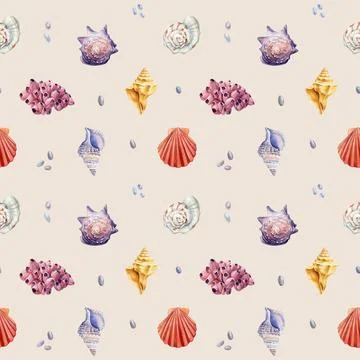 Watercolor seashell seamless pattern. Underwater creatures, Seashell repeat Stock Illustration