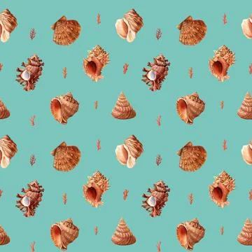 Watercolor seashell seamless pattern. Underwater creatures sea shell, nautical Stock Illustration