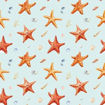 Watercolor seashell seamless pattern. Underwater creatures, crab, starfish, sea イラスト素材