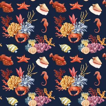 Watercolor seashell seamless pattern. Underwater creatures, crab, starfish, sea Illustrazione stock