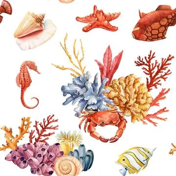 Watercolor seashell seamless pattern. Underwater creatures, crab, starfish, sea Illustrazione stock