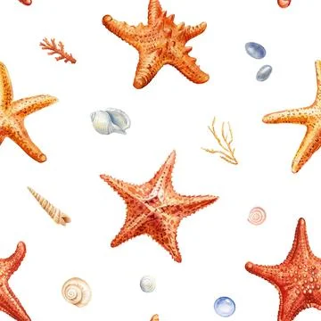 Watercolor seashell seamless pattern. Underwater creatures starfish, sea shell Stock Illustration