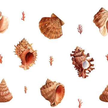 Watercolor seashell seamless pattern. Underwater creatures sea shell, nautical Illustrazione stock